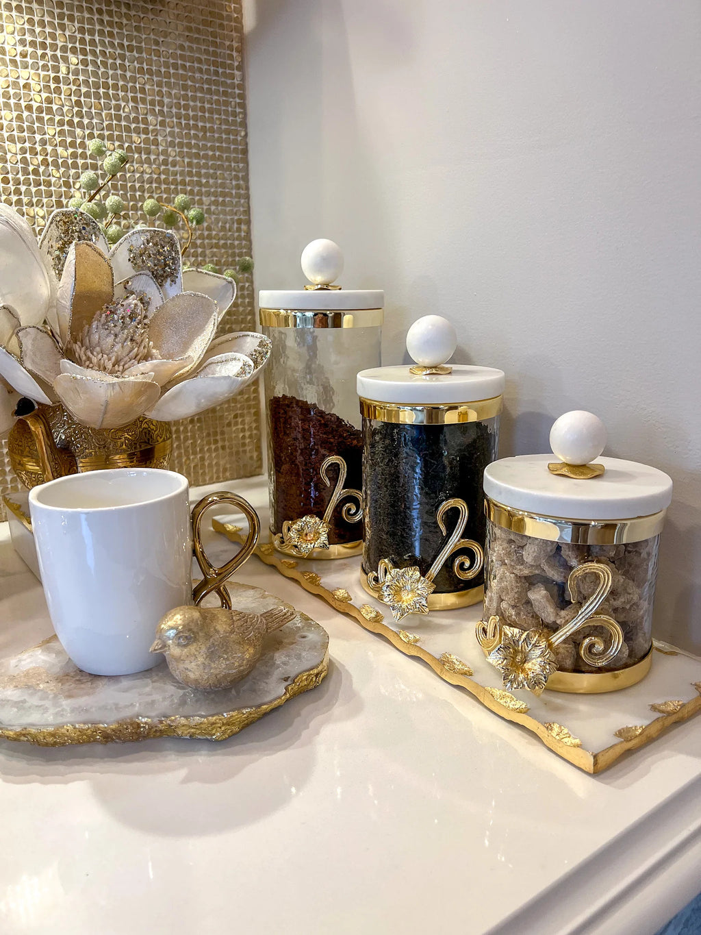 Glass Canister Set of 3 with Gold Floral Design & Marble Lid – Small, Medium, Large