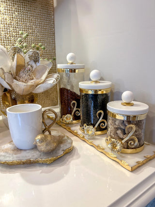 Glass Canister Set of 3 with Gold Floral Design & Marble Lid – Small, Medium, Large