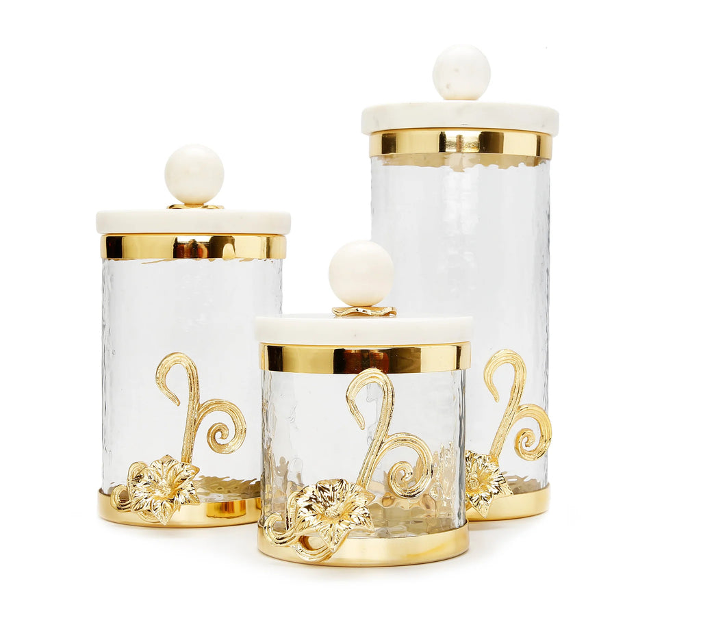 Glass Canister Set of 3 with Gold Floral Design & Marble Lid – Small, Medium, Large