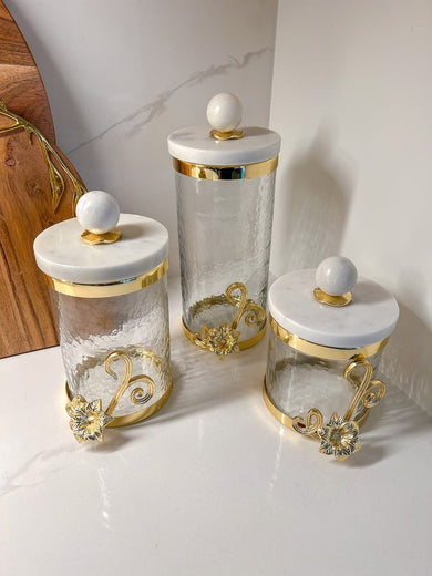 Glass Canister Set of 3 with Gold Floral Design & Marble Lid – Small, Medium, Large