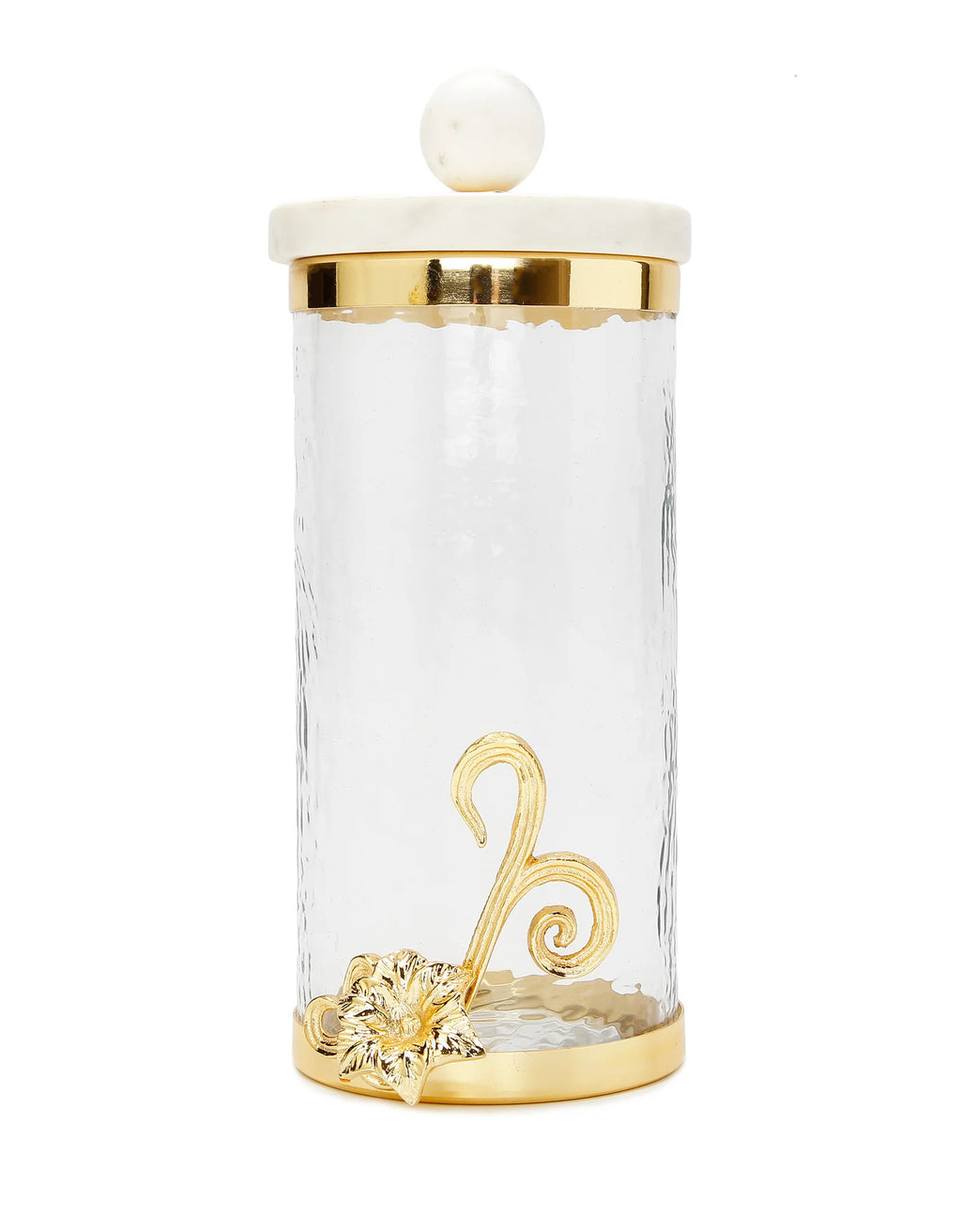 Glass Canister Set of 3 with Gold Floral Design & Marble Lid – Small, Medium, Large
