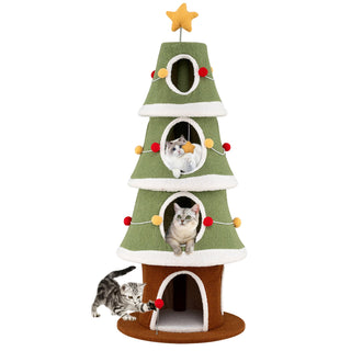 61-Inch Christmas Cat Tree with 4 Condos and Holiday Toys – Green