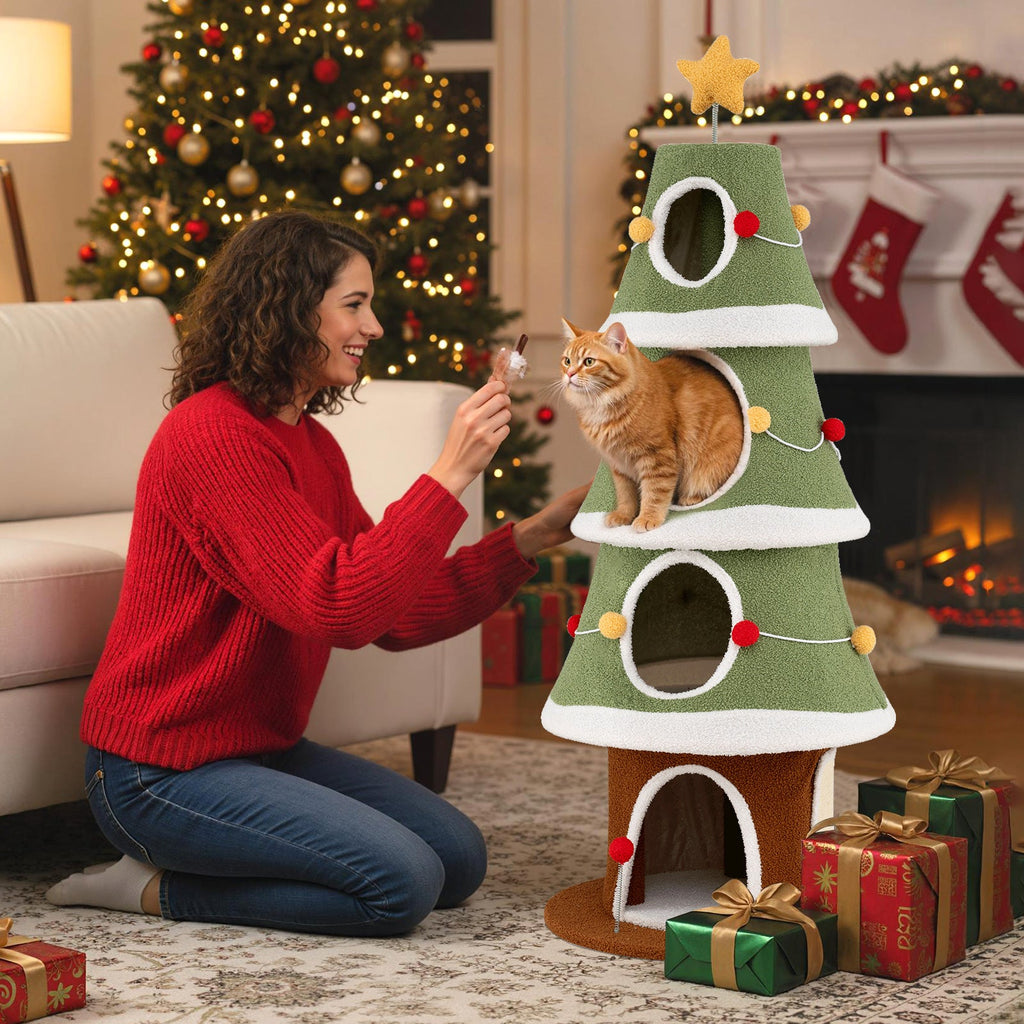 61-Inch Christmas Cat Tree with 4 Condos and Holiday Toys – Green