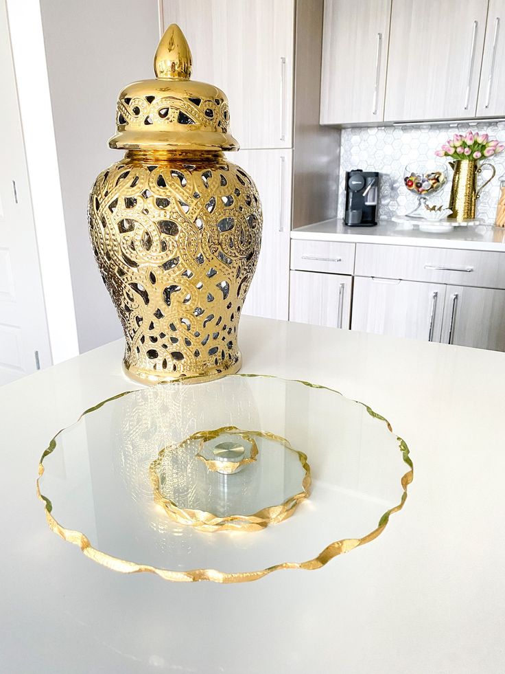Lazy Susan Cake Tray – Stacked Glass with Gold Edge