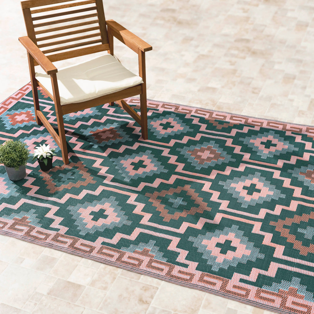 Lhasa Green Boho Reversible Outdoor Patio Rug