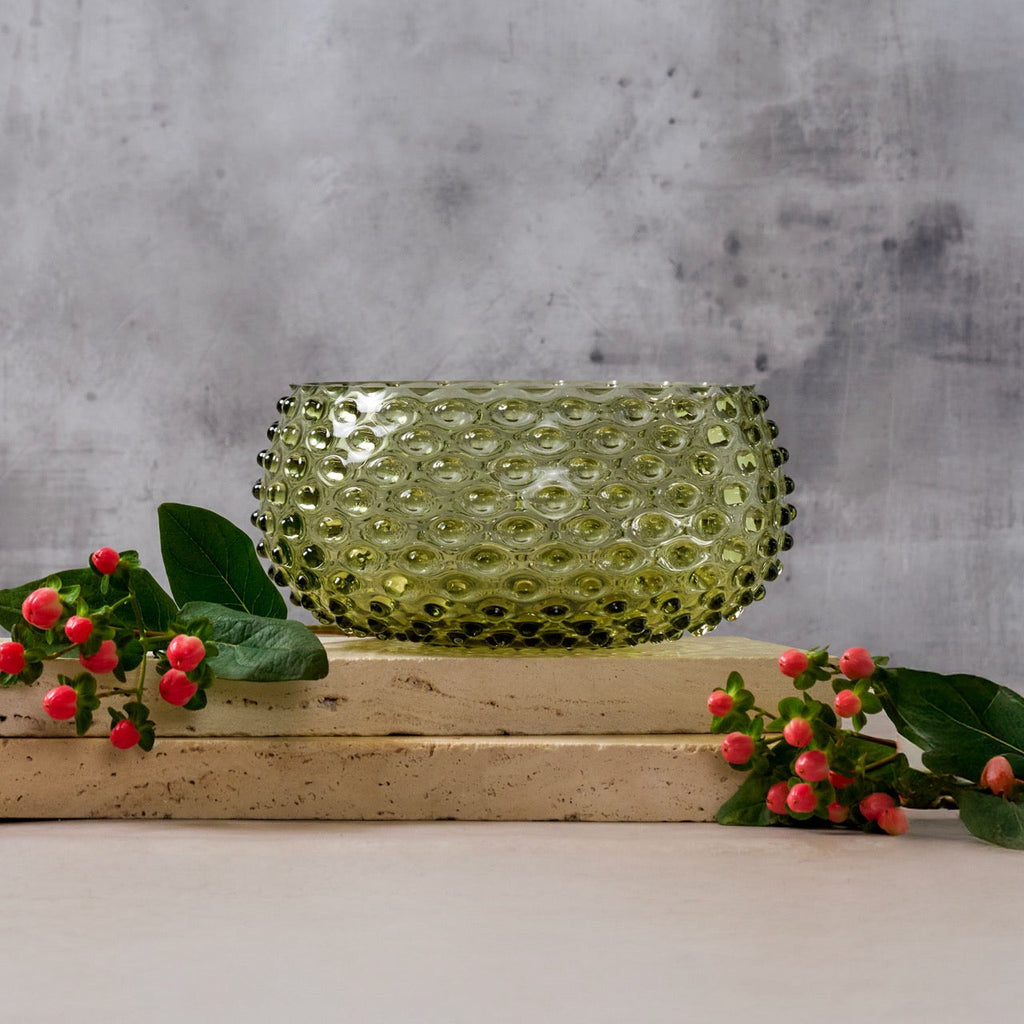 Hobnail Glass Bowl in Moss Green – Large