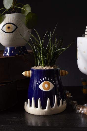 Monster Teeth Ceramic Planter Pot with Saucer – Halloween Decor