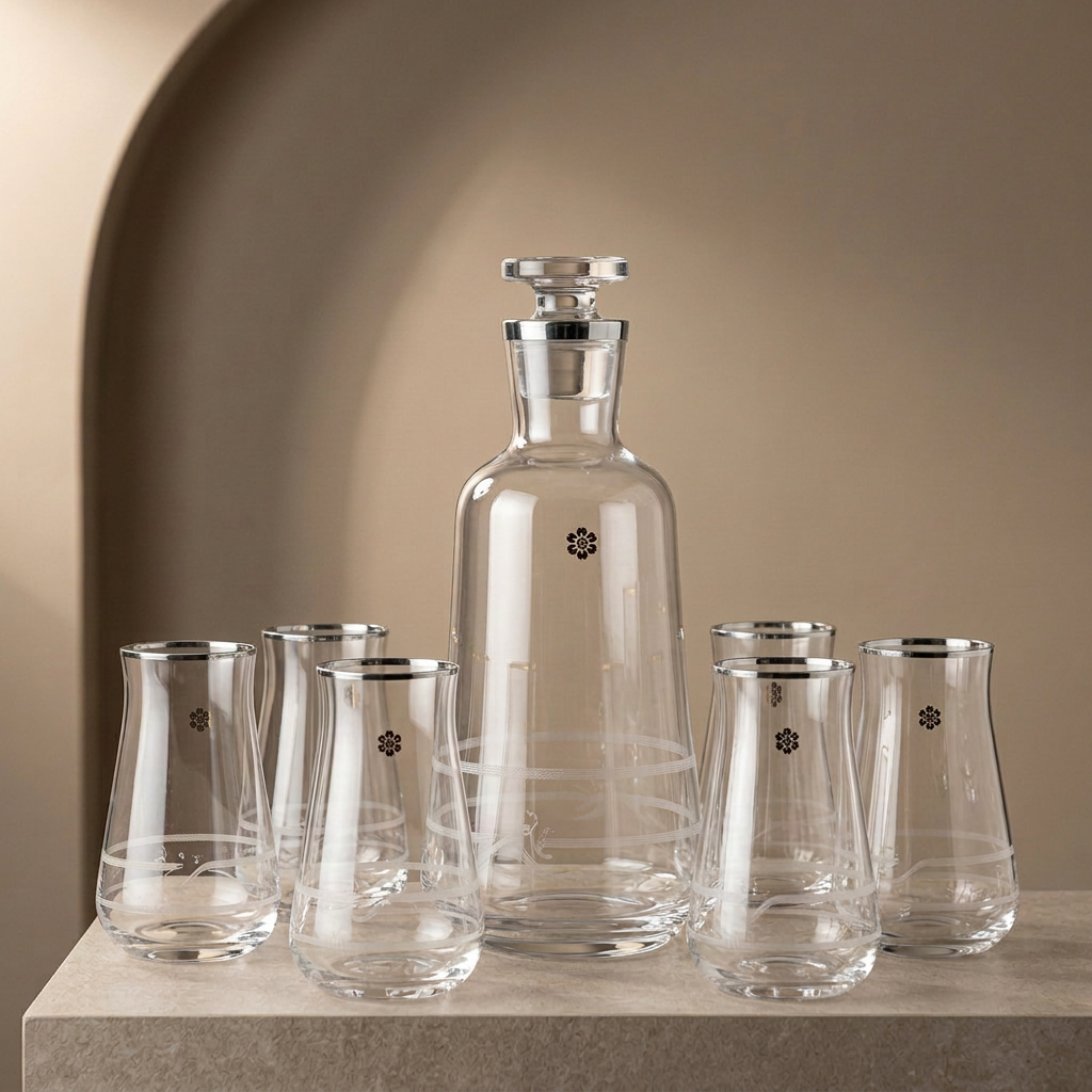 Mirral- Jug with 6 Tall glass cups - Silver