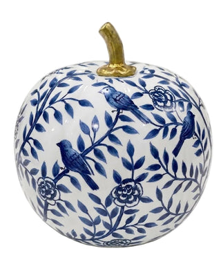 Navy Bird & Vine Hand-Painted Metal Pumpkin – 8-Inch