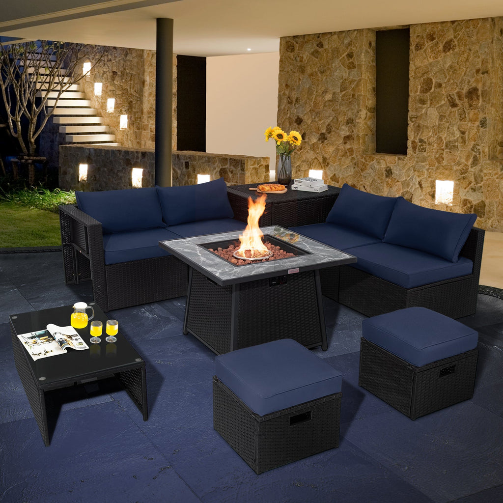 9-Piece Black Wicker Sectional Set with 35-Inch Gas Fire Pit Table