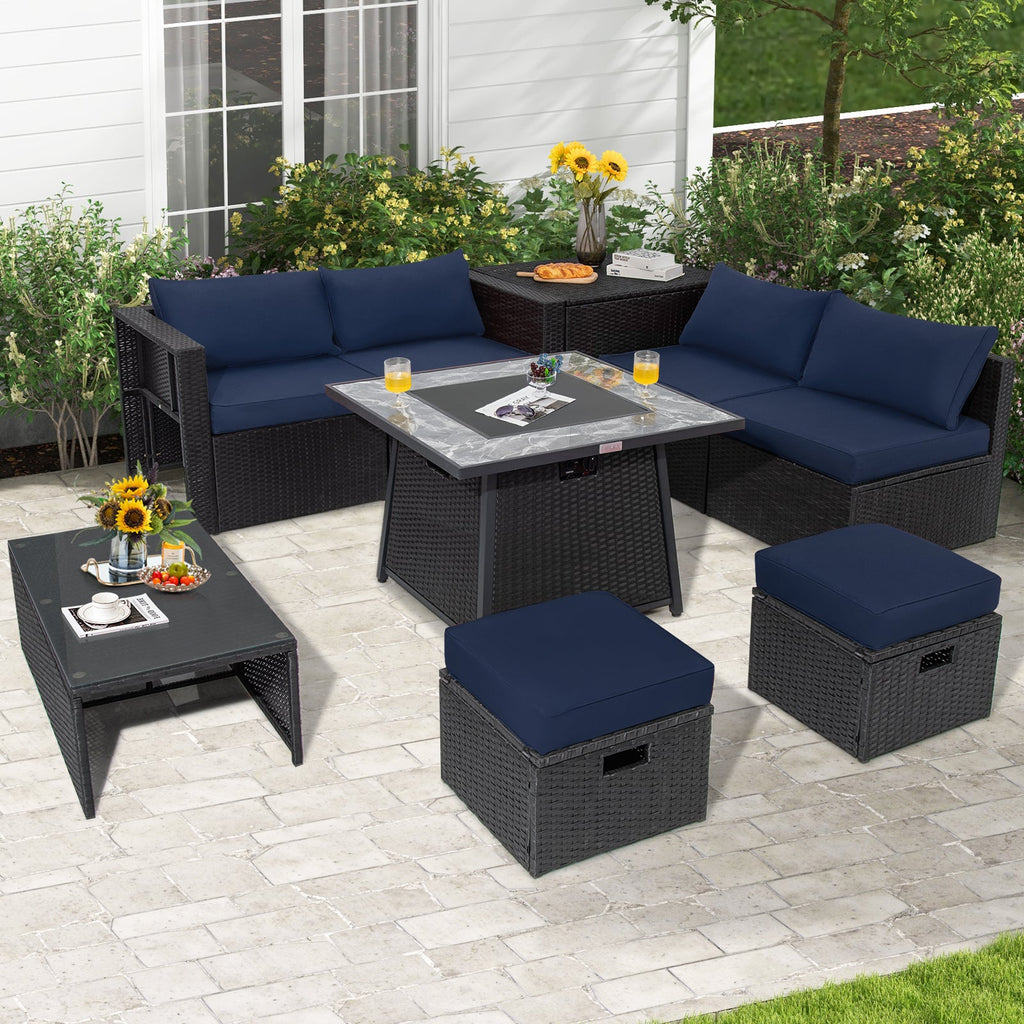 9-Piece Black Wicker Sectional Set with 35-Inch Gas Fire Pit Table