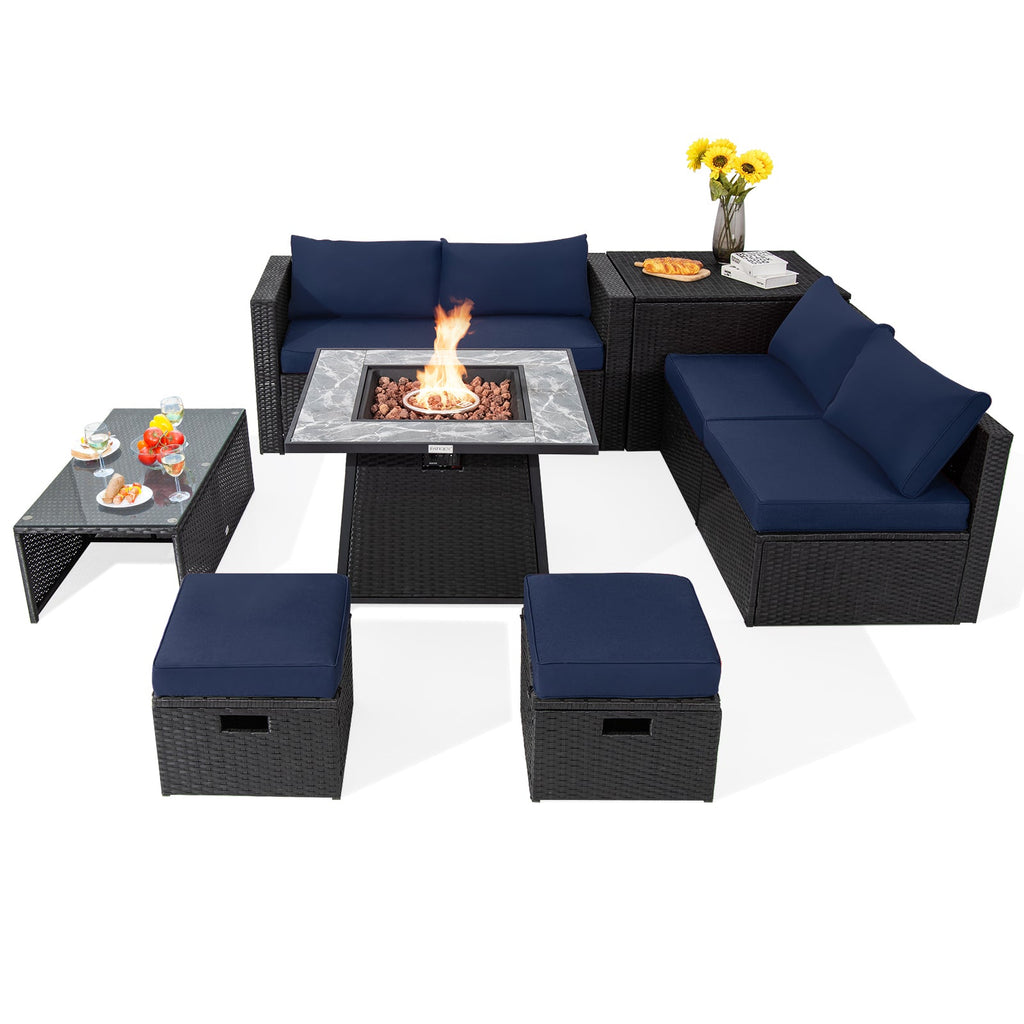9-Piece Black Wicker Sectional Set with 35-Inch Gas Fire Pit Table