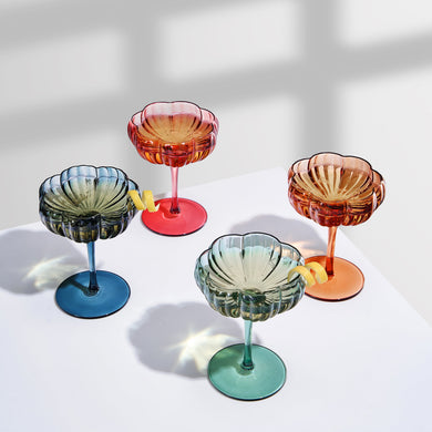 Muted Flower Coupe Cocktail Glasses Set of 4 – Elegant Colored Bar Glassware for Entertaining