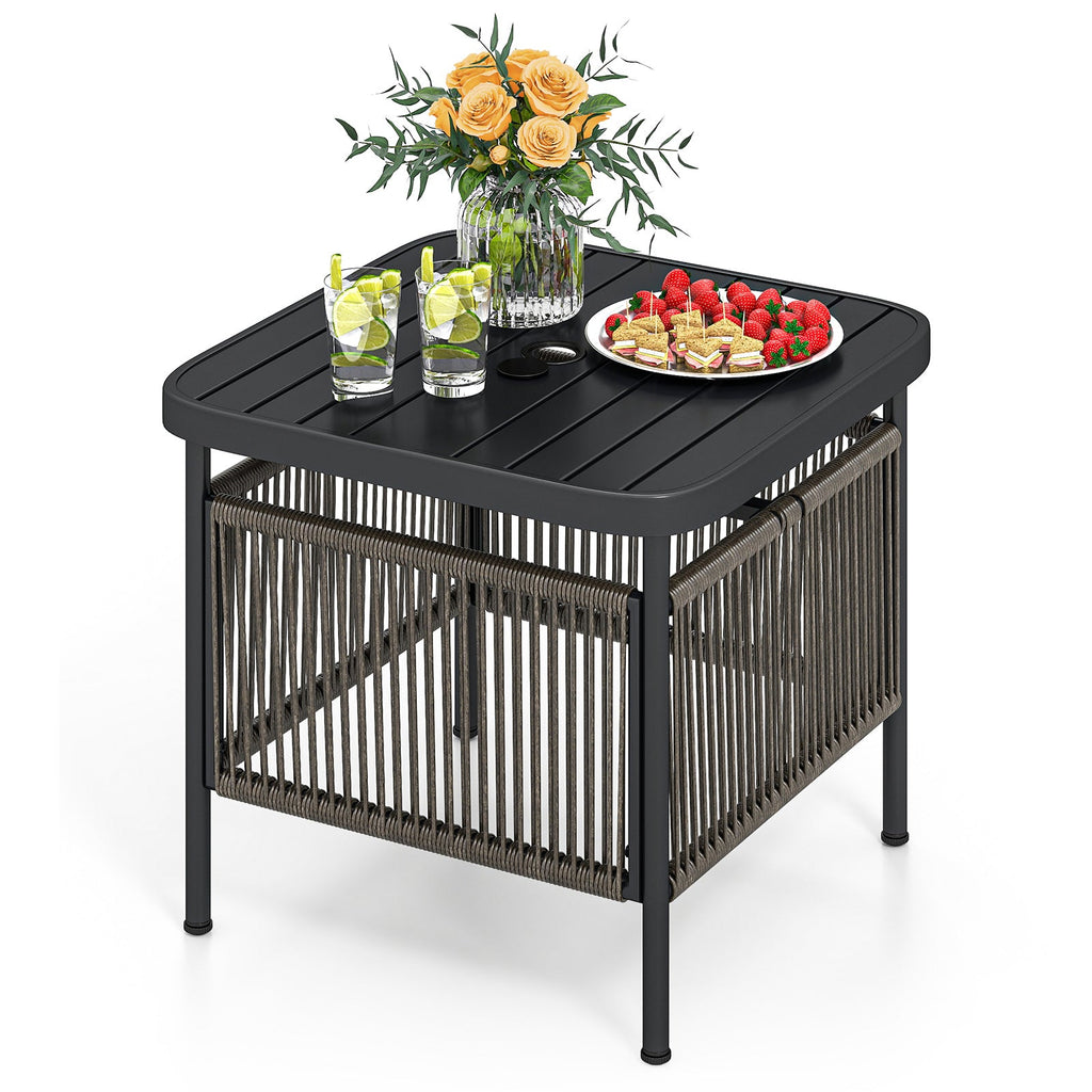 Two-Tier Outdoor Side Table with Umbrella Hole and Storage Shelf