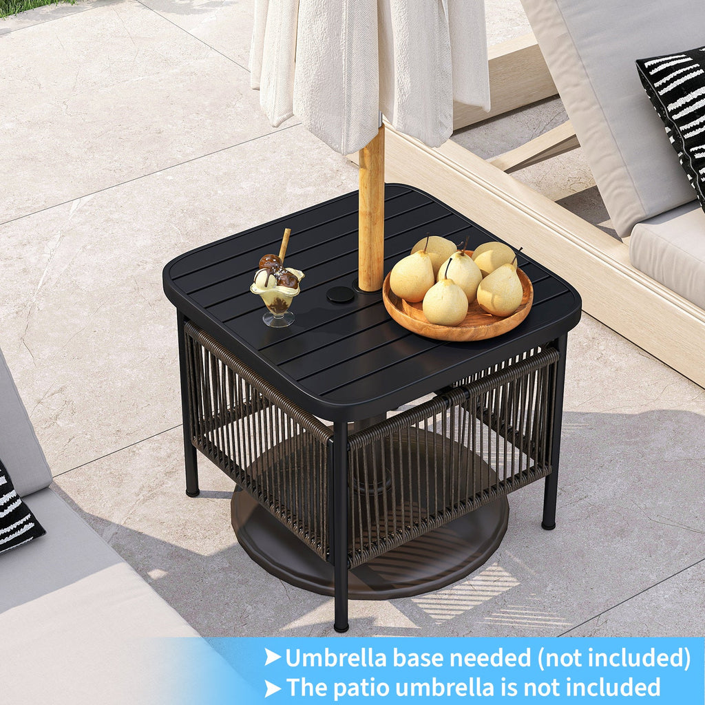 Two-Tier Outdoor Side Table with Umbrella Hole and Storage Shelf
