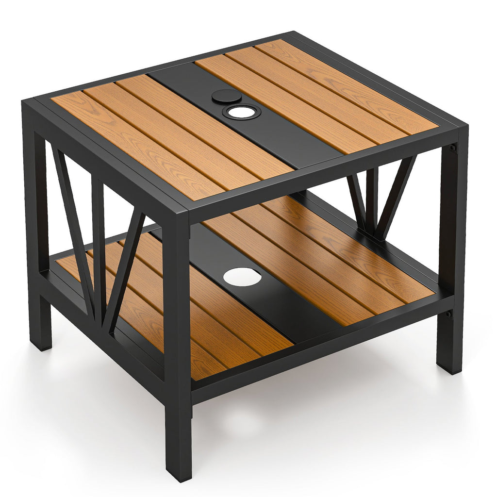 Two-Tier Outdoor Metal Side Table with Umbrella Hole and Storage Shelf