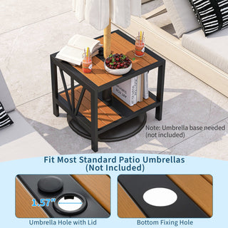 Two-Tier Outdoor Metal Side Table with Umbrella Hole and Storage Shelf