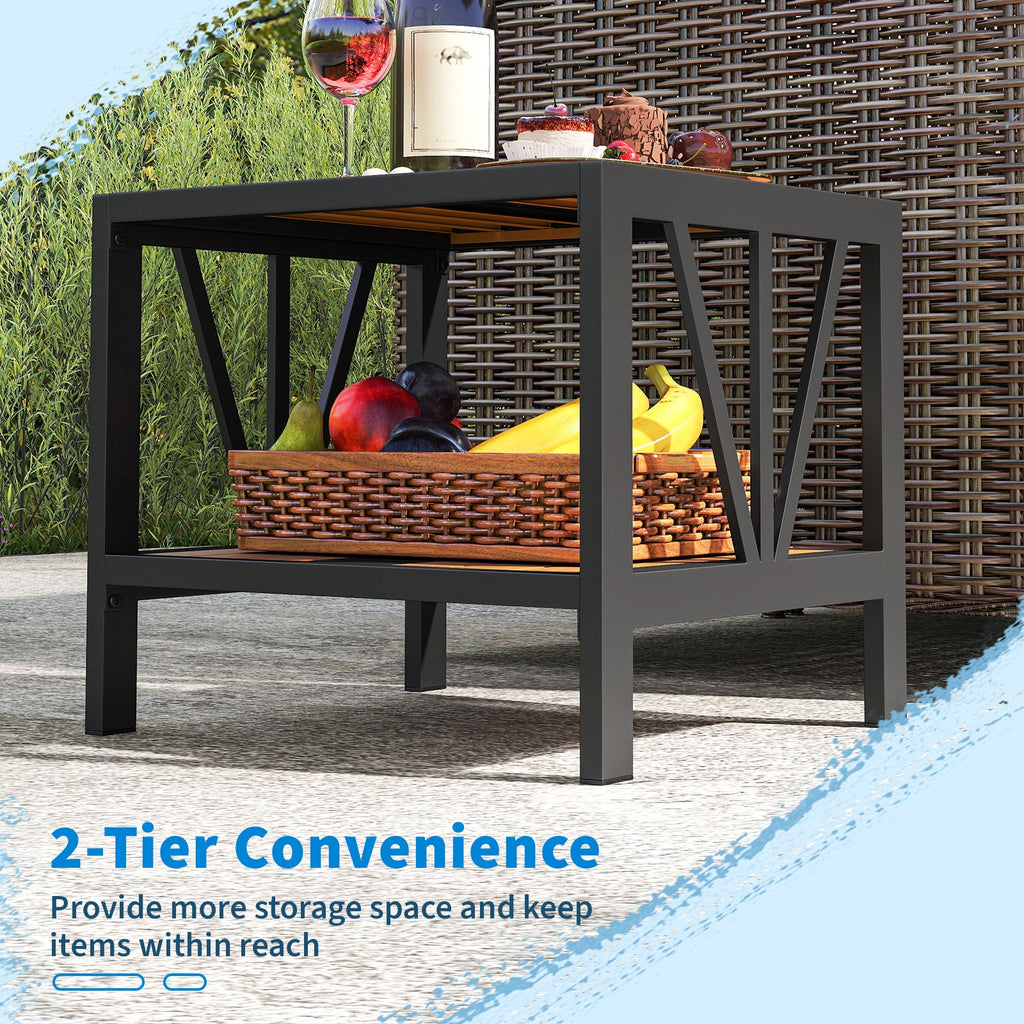 Two-Tier Outdoor Metal Side Table with Umbrella Hole and Storage Shelf
