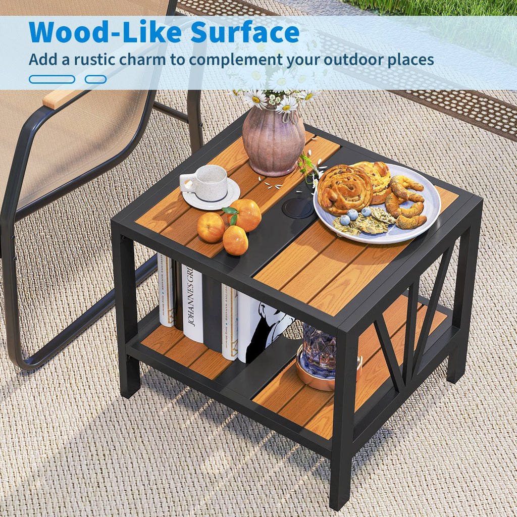 Two-Tier Outdoor Metal Side Table with Umbrella Hole and Storage Shelf