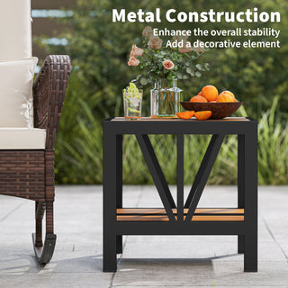 Two-Tier Outdoor Metal Side Table with Umbrella Hole and Storage Shelf