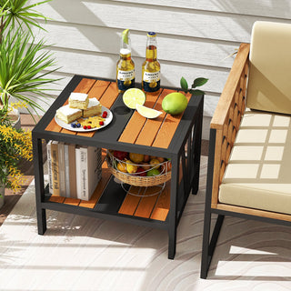 Two-Tier Outdoor Metal Side Table with Umbrella Hole and Storage Shelf
