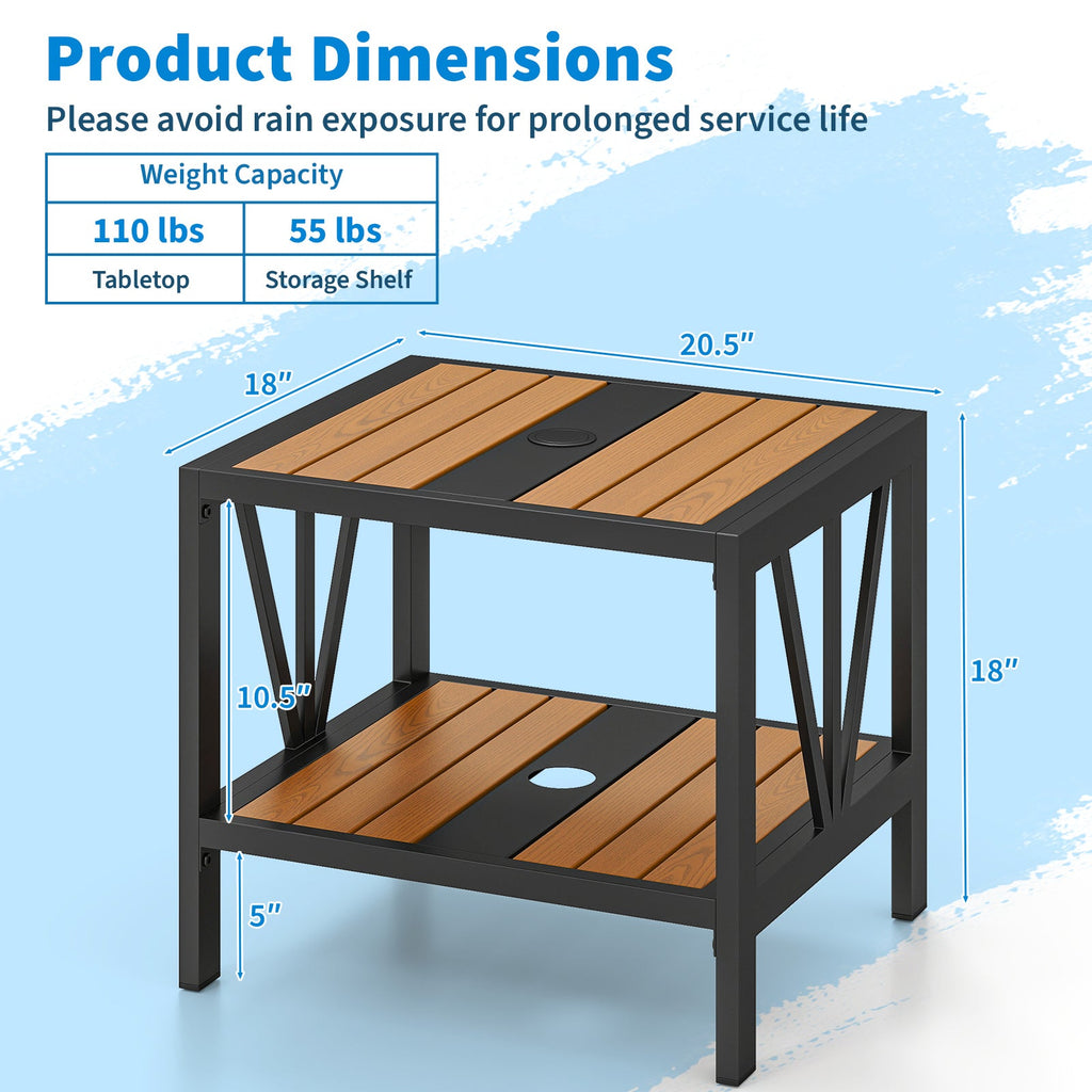 Two-Tier Outdoor Metal Side Table with Umbrella Hole and Storage Shelf