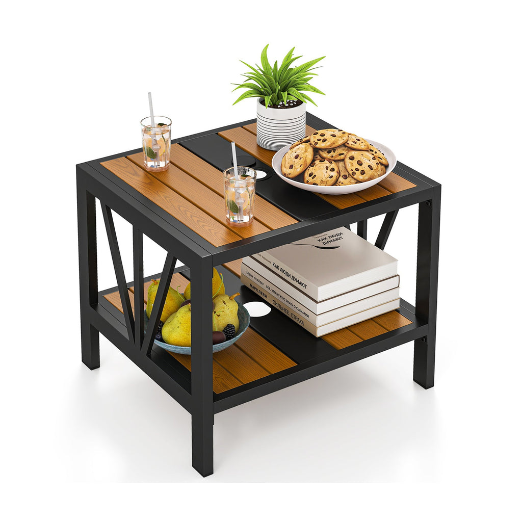 Two-Tier Outdoor Metal Side Table with Umbrella Hole and Storage Shelf