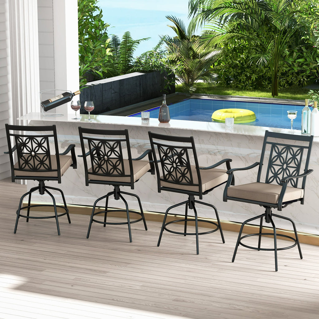 Set of 2 Outdoor 360° Swivel Bar Stools with Brown Cushions