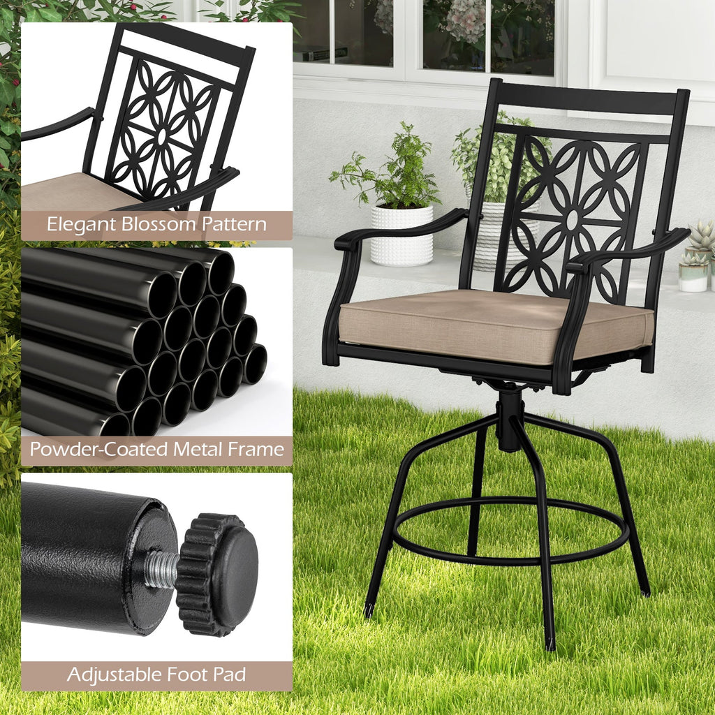 Set of 2 Outdoor 360° Swivel Bar Stools with Brown Cushions