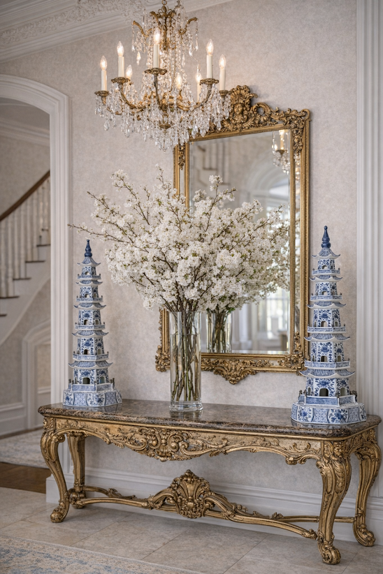 Grand Blue & White Pagoda | Statement Decorative Accent