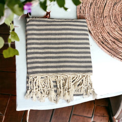 Nautical Turkish Cotton Towel – Blue or Grey Striped Peshtemal (40