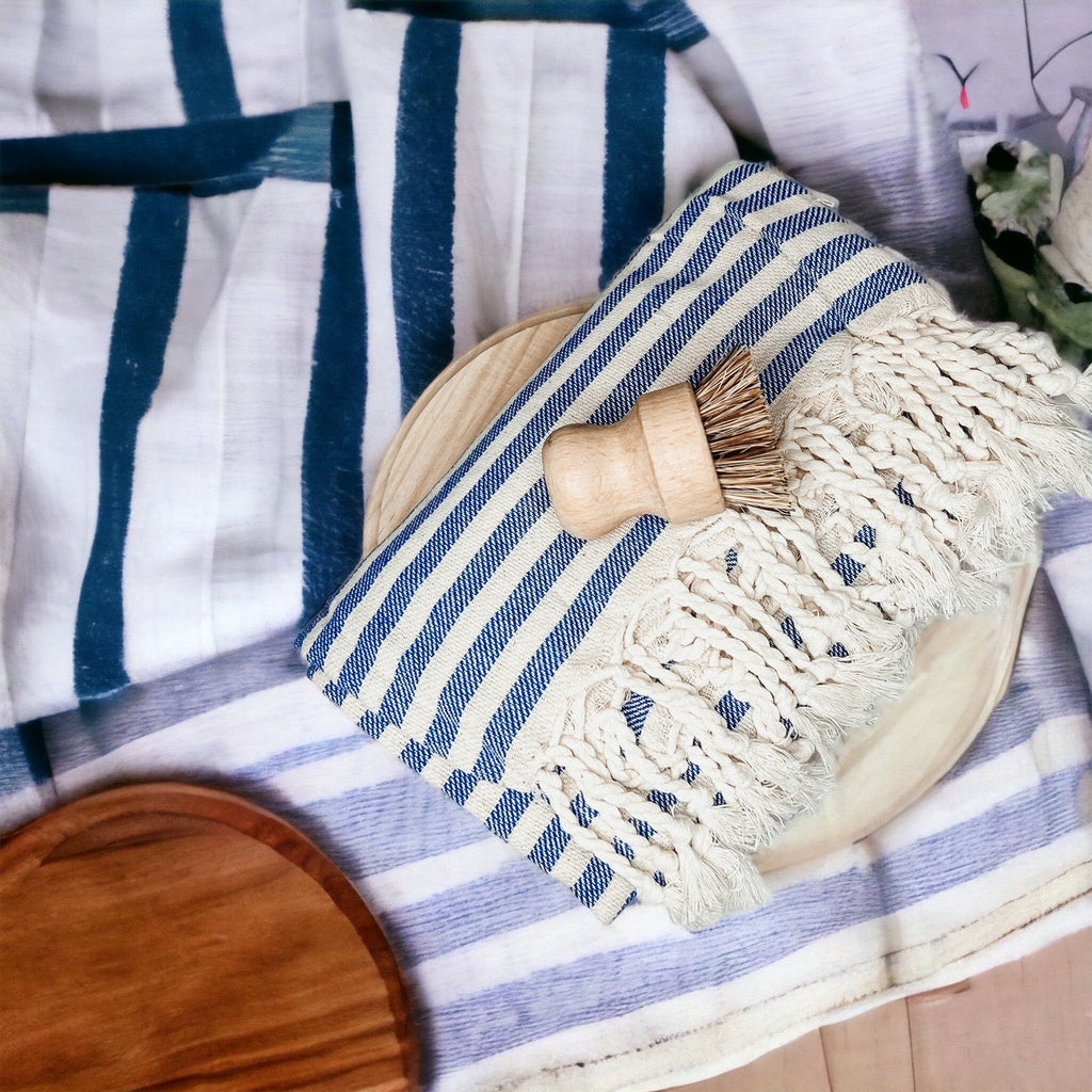 Nautical Turkish Cotton Towel – Blue or Grey Striped Peshtemal (40
