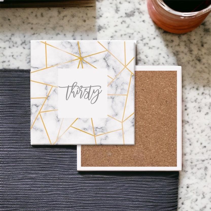 Golden Geometric Thirsty Coasters – Modern Ceramic Square & Diamond Designs