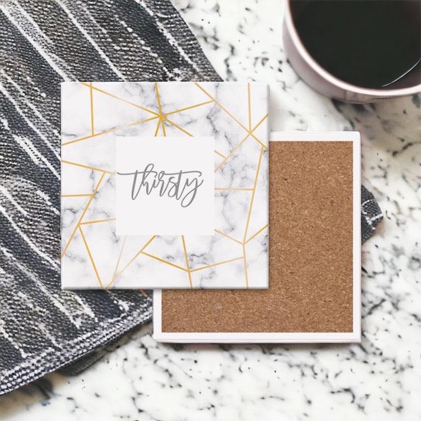 Golden Geometric Thirsty Coasters – Modern Ceramic Square & Diamond Designs