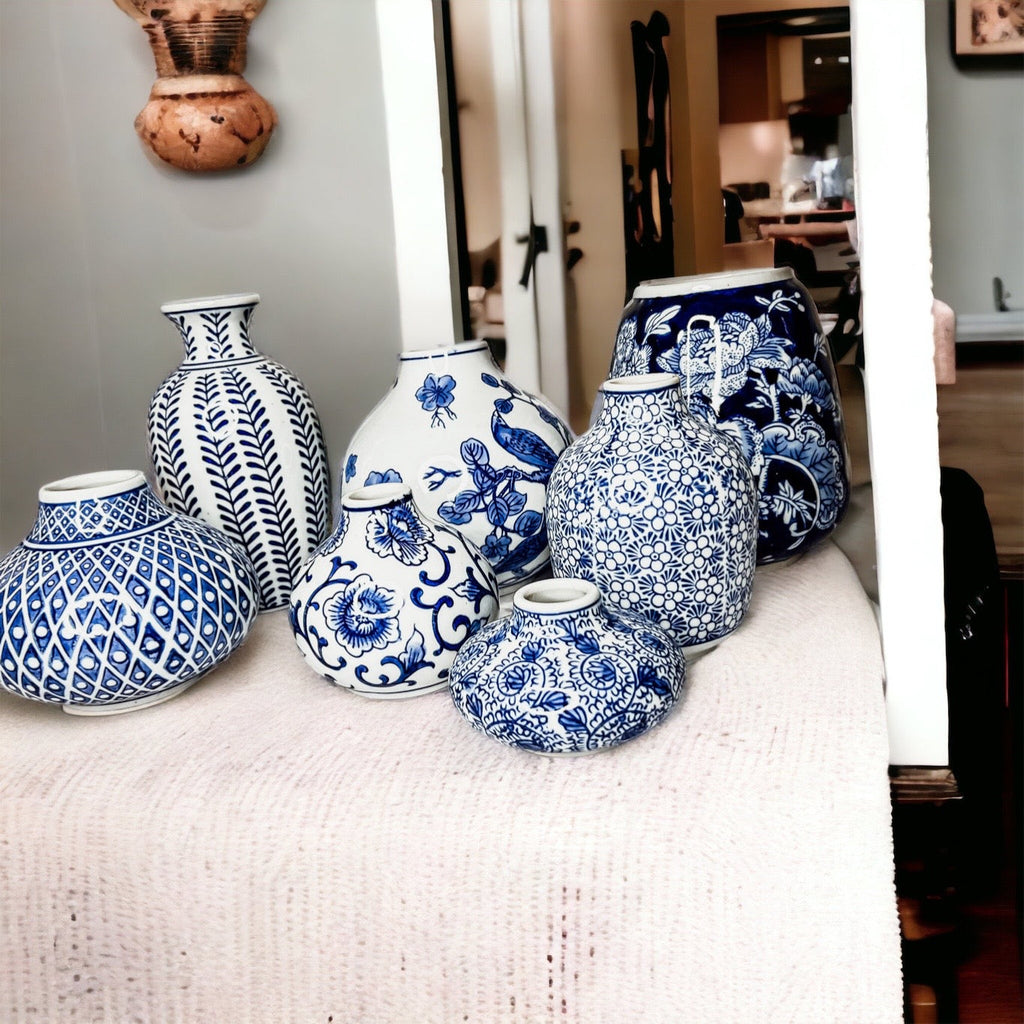 Samira Blue & White Chinoiserie Porcelain Vases – Hand-Painted Collection