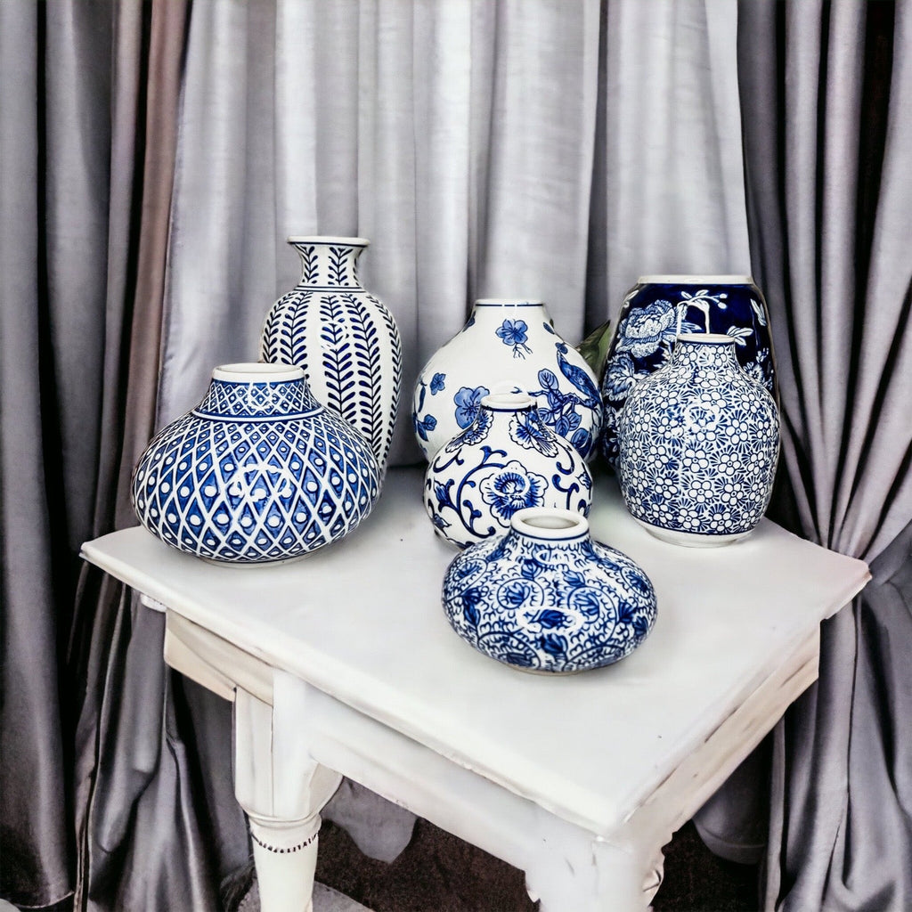 Samira Blue & White Chinoiserie Porcelain Vases – Hand-Painted Collection