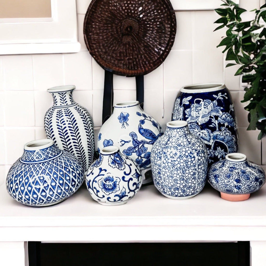 Samira Blue & White Chinoiserie Porcelain Vases – Hand-Painted Collection