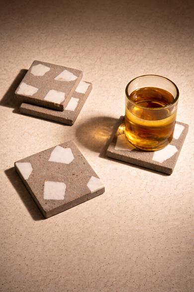 Concrete Coasters with White Marble Inlay – Set of 4