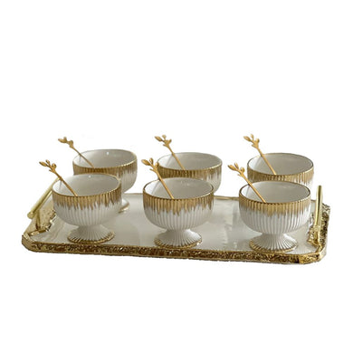Porcelain Dessert Bowls with Coordinating Tray & Spoon | Gold & Pearl Trim