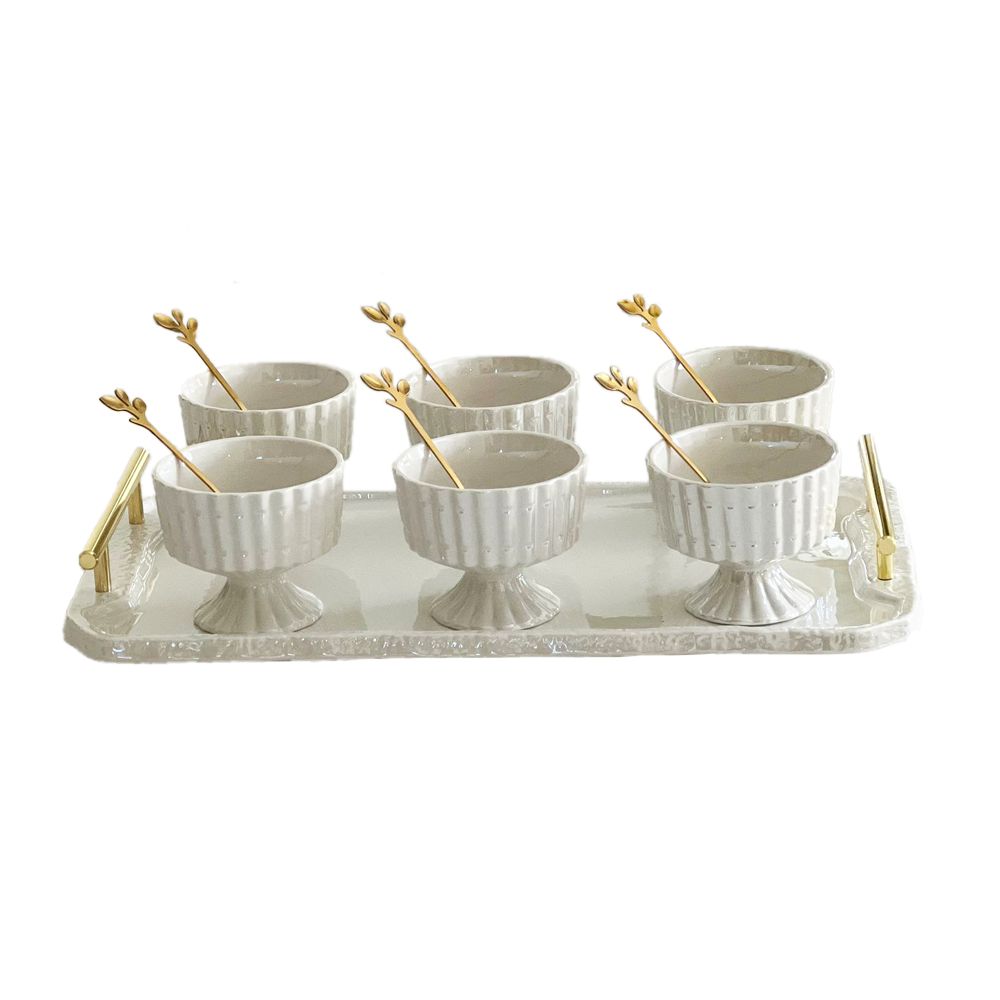 Porcelain Dessert Bowls with Coordinating Tray & Spoon | Gold & Pearl Trim