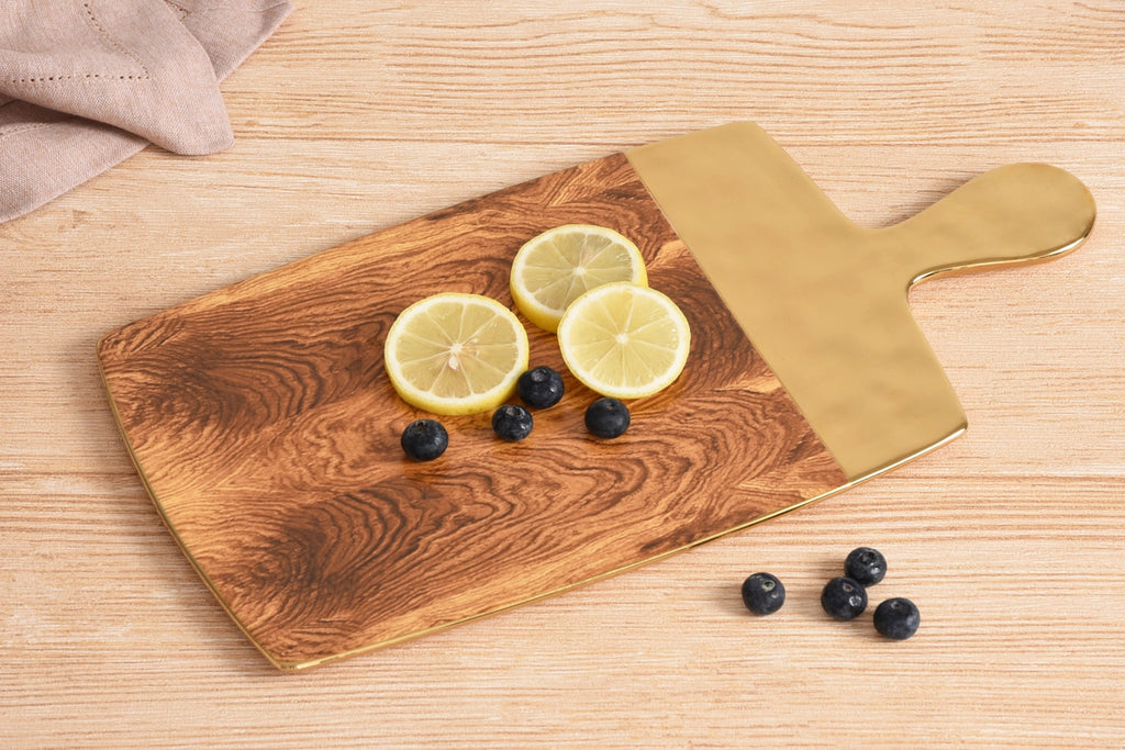 Serving Board — Madera Collection | Porcelain with Rustic Wood Design & Gold Rim, 15.5