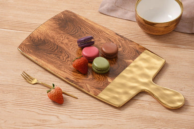 Serving Board — Madera Collection | Porcelain with Rustic Wood Design & Gold Rim, 15.5