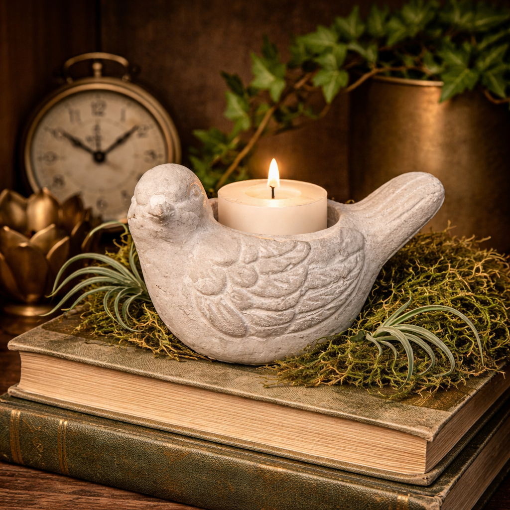 Distressed Stone-Finish Bird Candle Holder