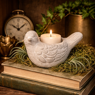Distressed Stone-Finish Bird Candle Holder
