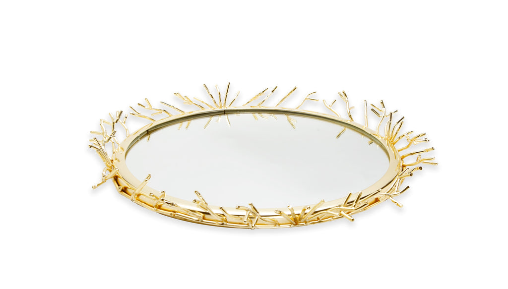 Decorative Round Mirror Tray with Gold Design Border