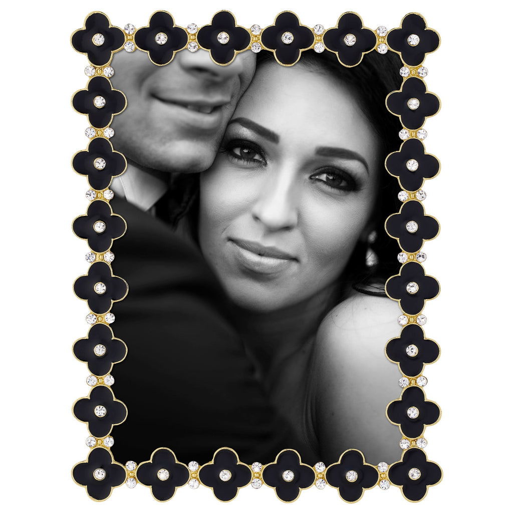 Black Enamel Clover Crystal Picture Frame, Gold