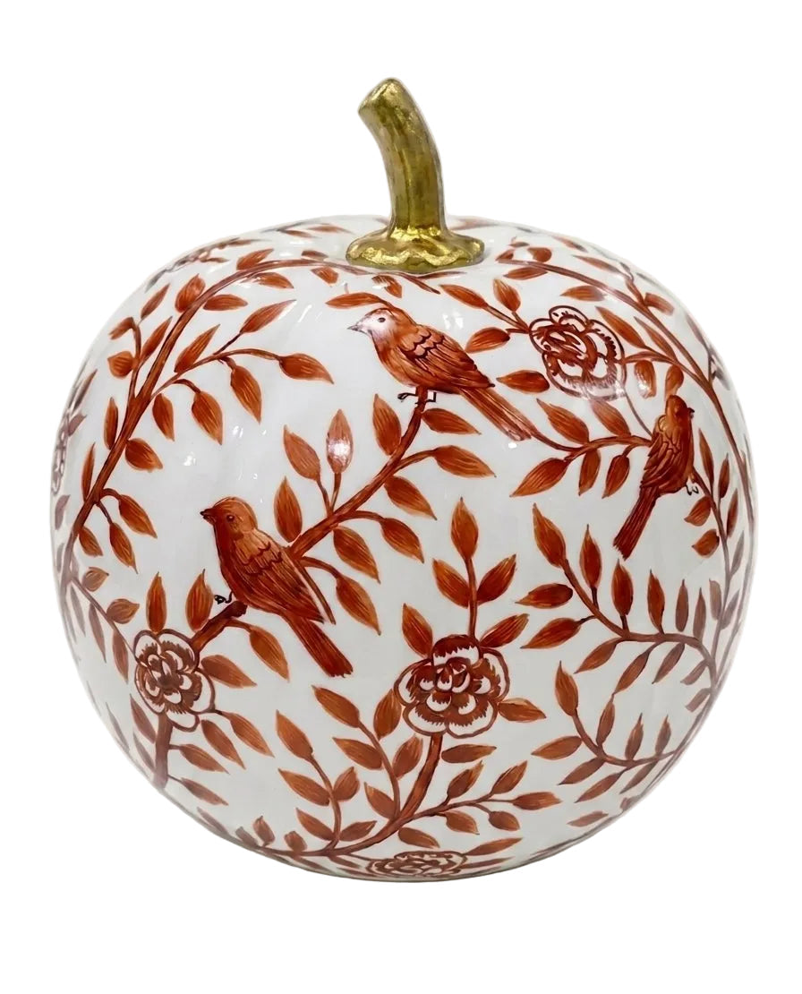 Rusty Red Bird & Vine Hand-Painted Metal Pumpkin – 8-Inch