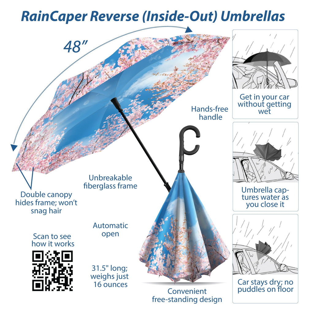 Cherry Blossoms Reverse Inverted Umbrella – Windproof, Hands-Free
