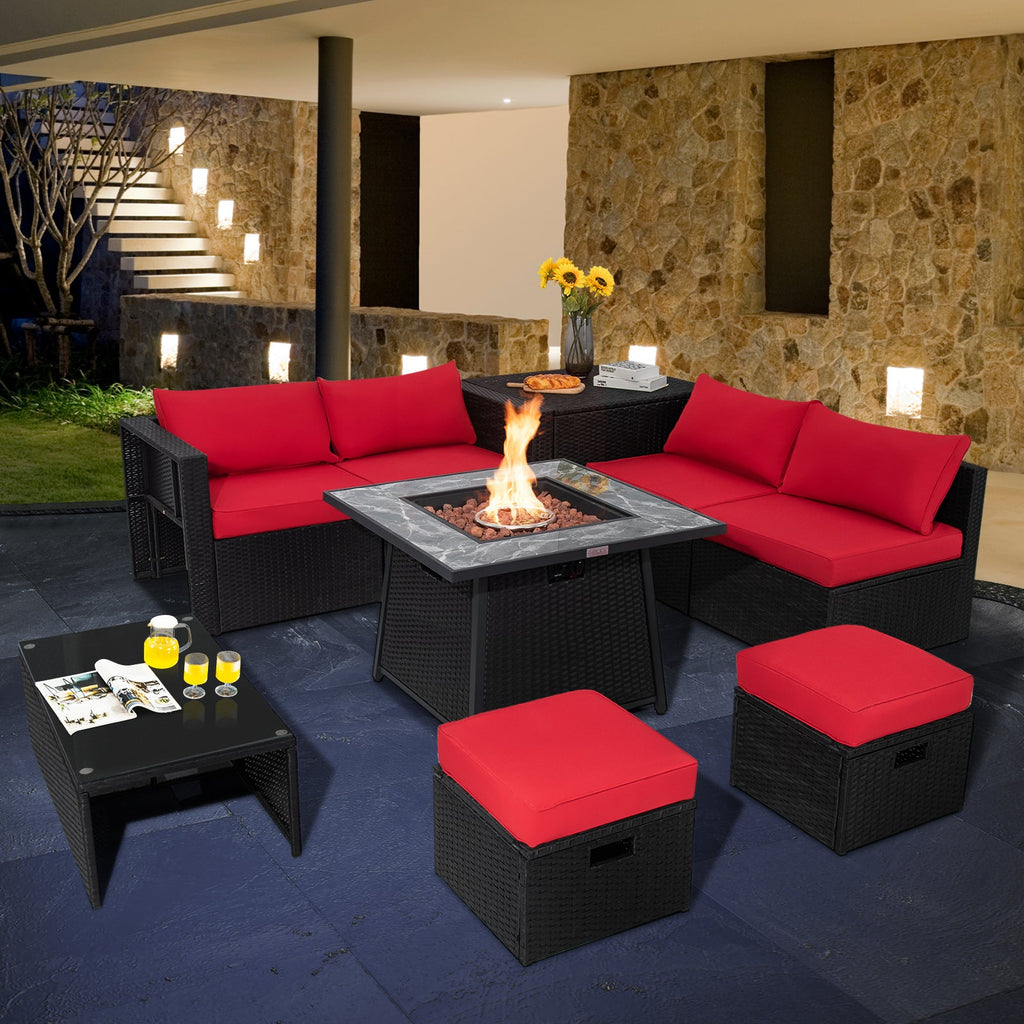 9-Piece Black Wicker Sectional Set with 35-Inch Gas Fire Pit Table