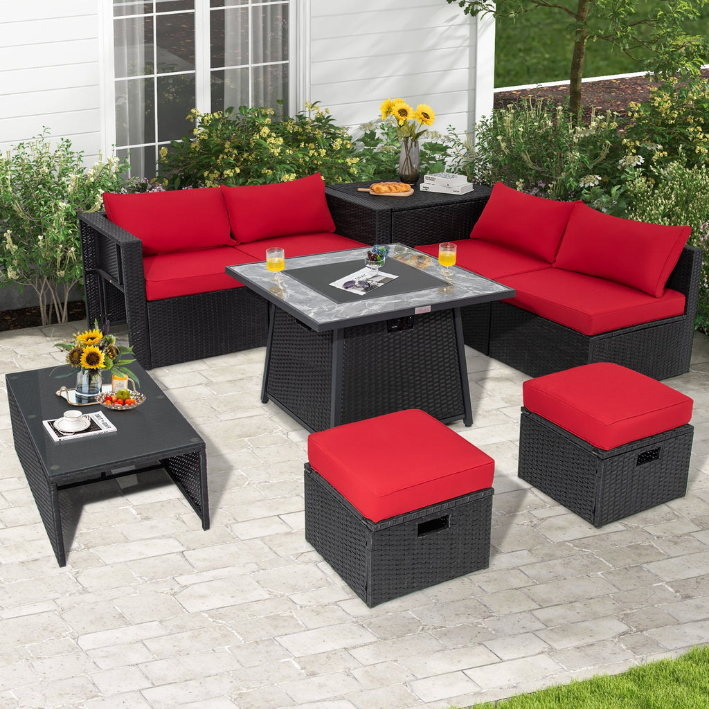 9-Piece Black Wicker Sectional Set with 35-Inch Gas Fire Pit Table